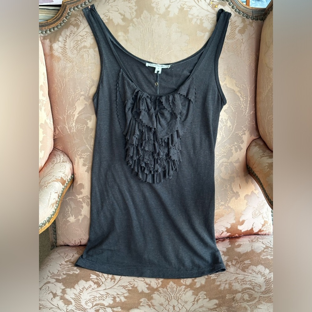 Fancy Shmancy tank Top Ruffles front New no tags Upscale casual HeatherGrey dark